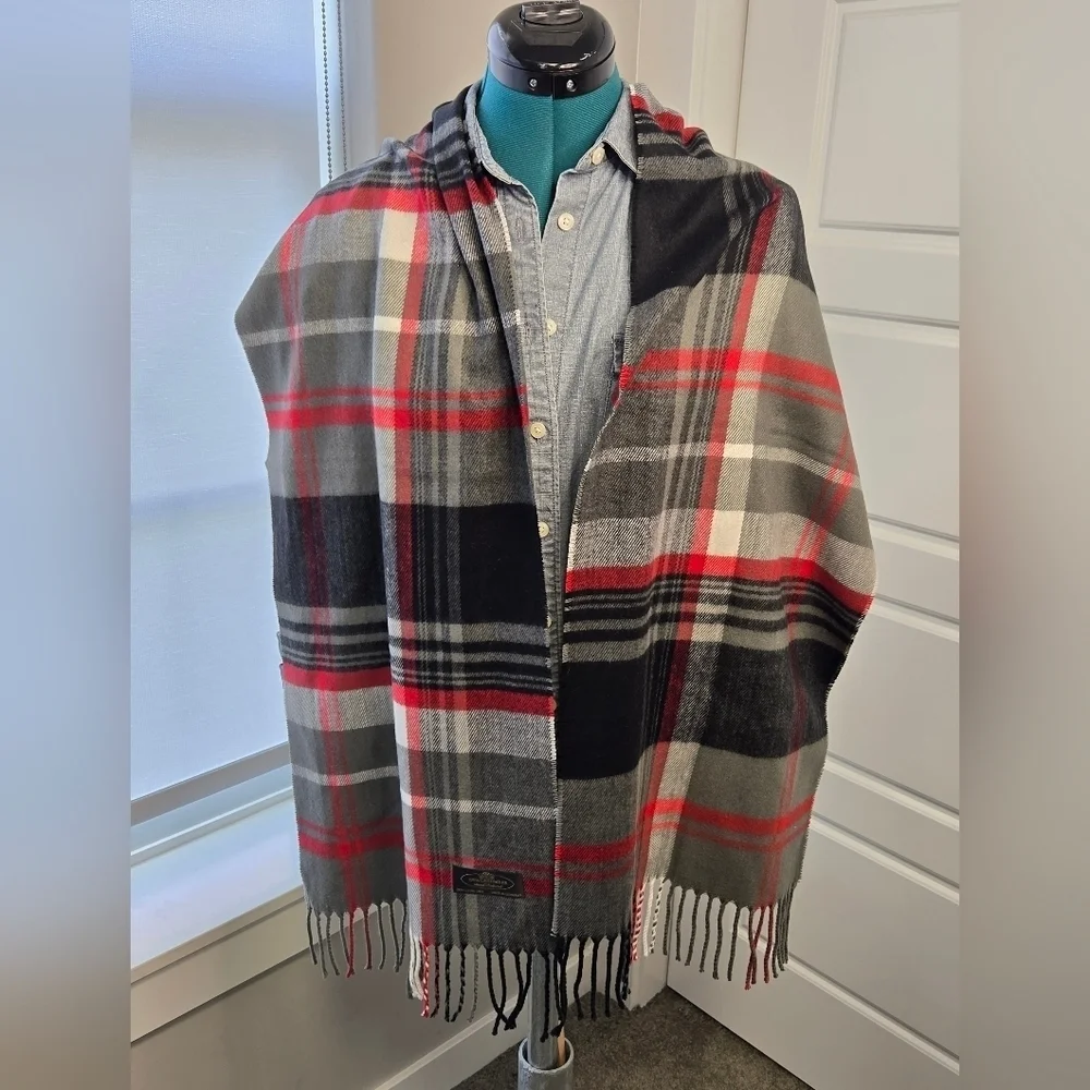 100% CASHMERE GREY RED BLACK PLAID LONG SCARF FRINGE ENDS UNISEX OS GERMANY LUX